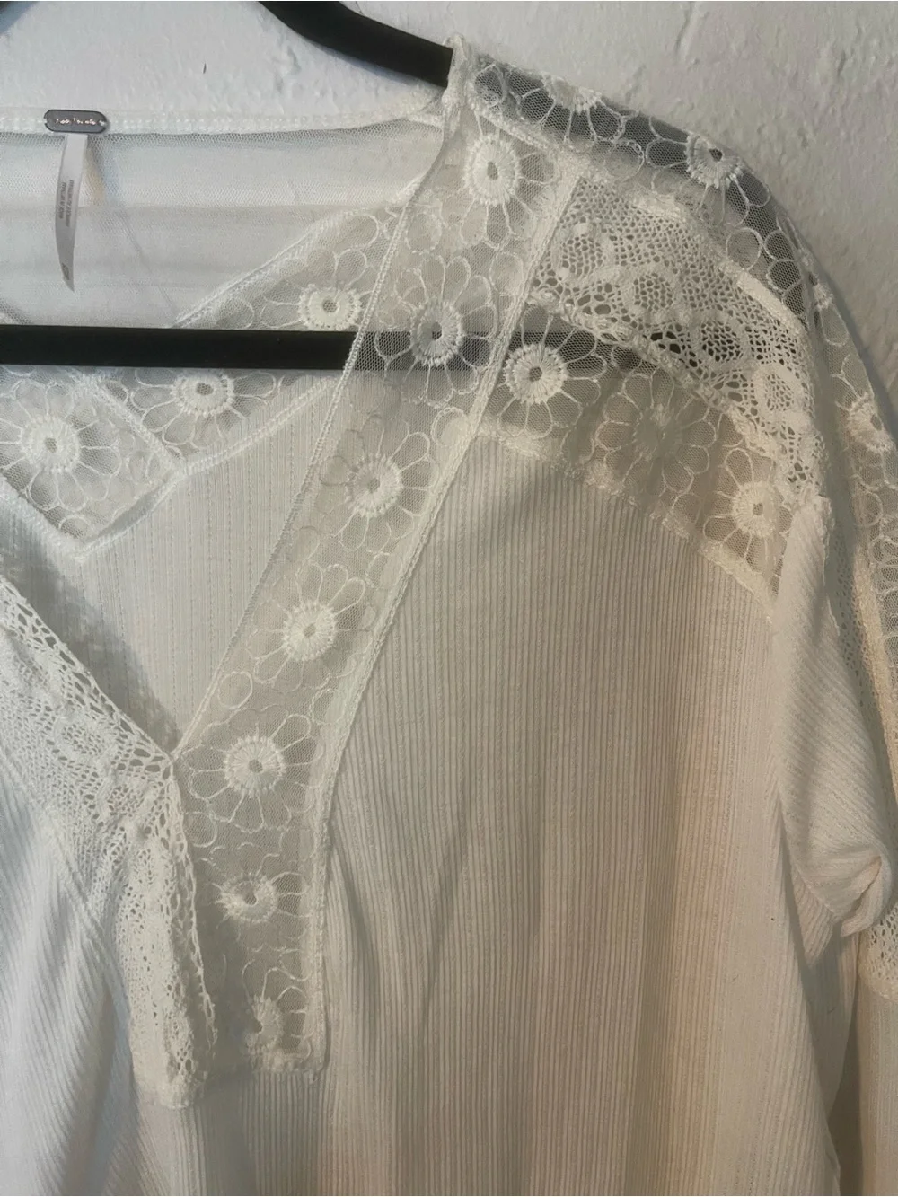 Free People Ivory Lace-Trim V-Neck Long Sleeve Top